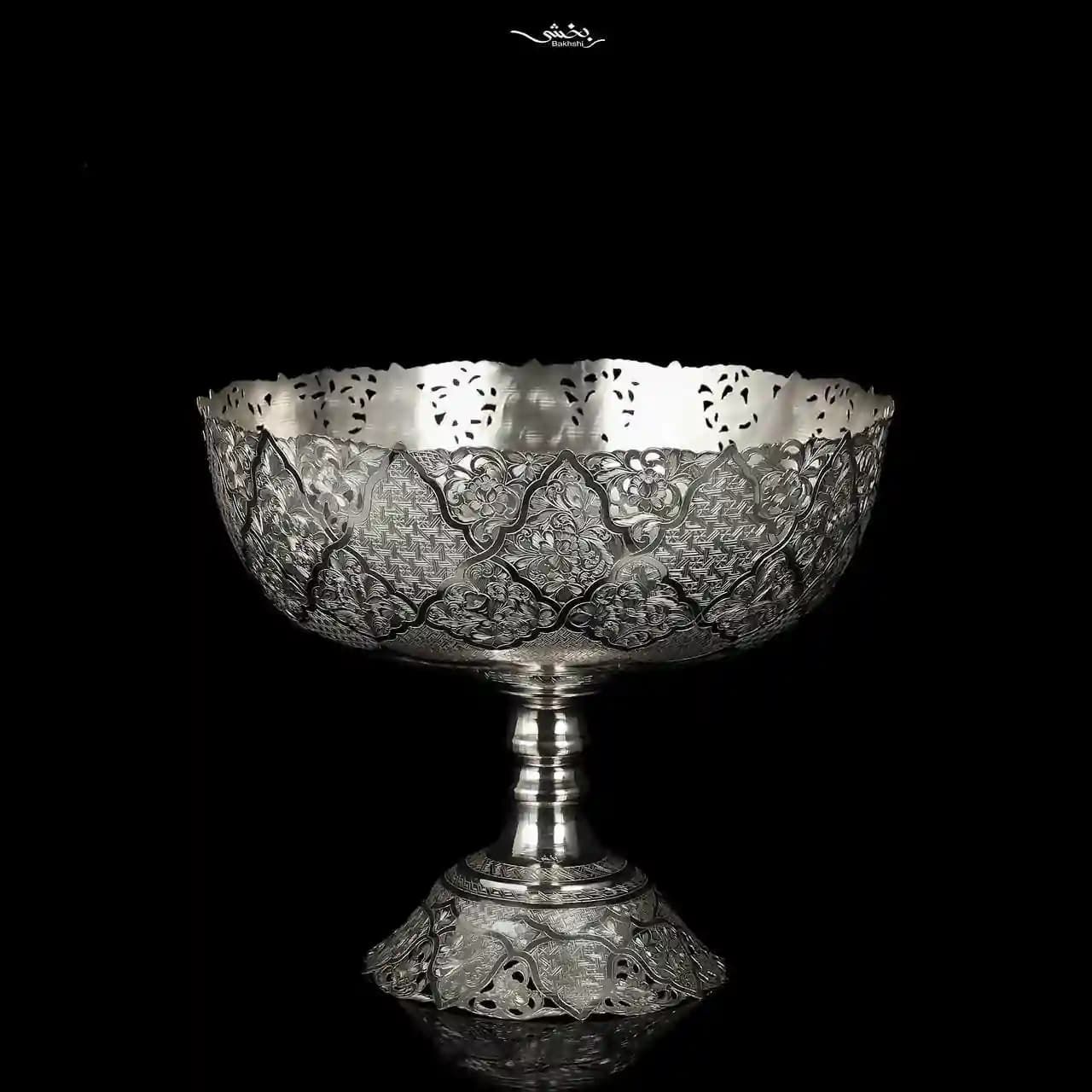 کاسه گرد پایه دار نقره قلم تبریز