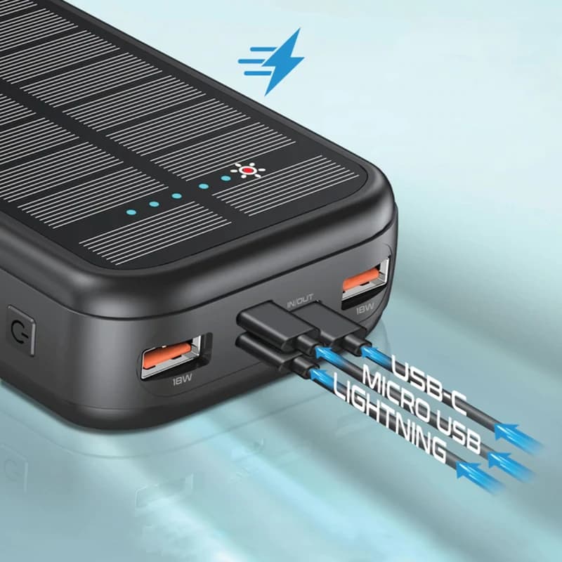 پاوربانک SOLAR 2 20000mAh – شارژ خورشیدی، 5 دستگاه، QC 3.0 — تصویر ۳