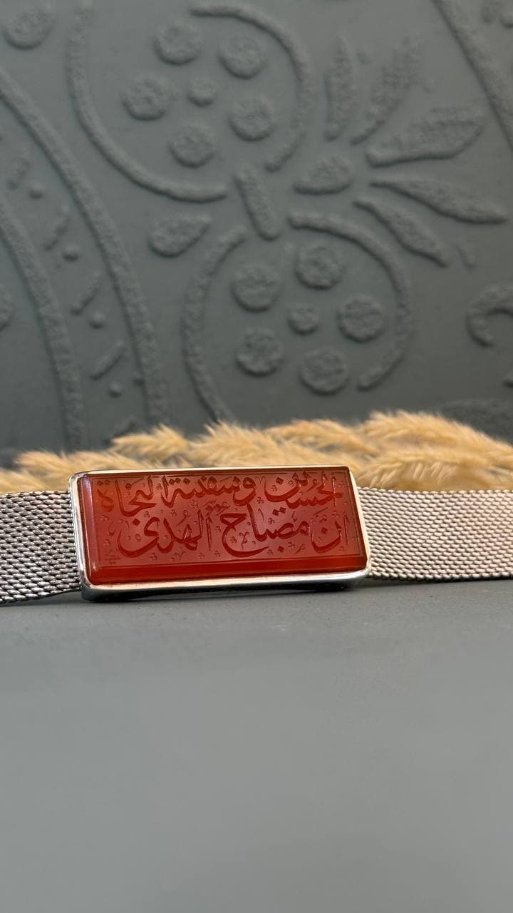 دستبند استیل قاب نقره عقیق سرخ مردانه