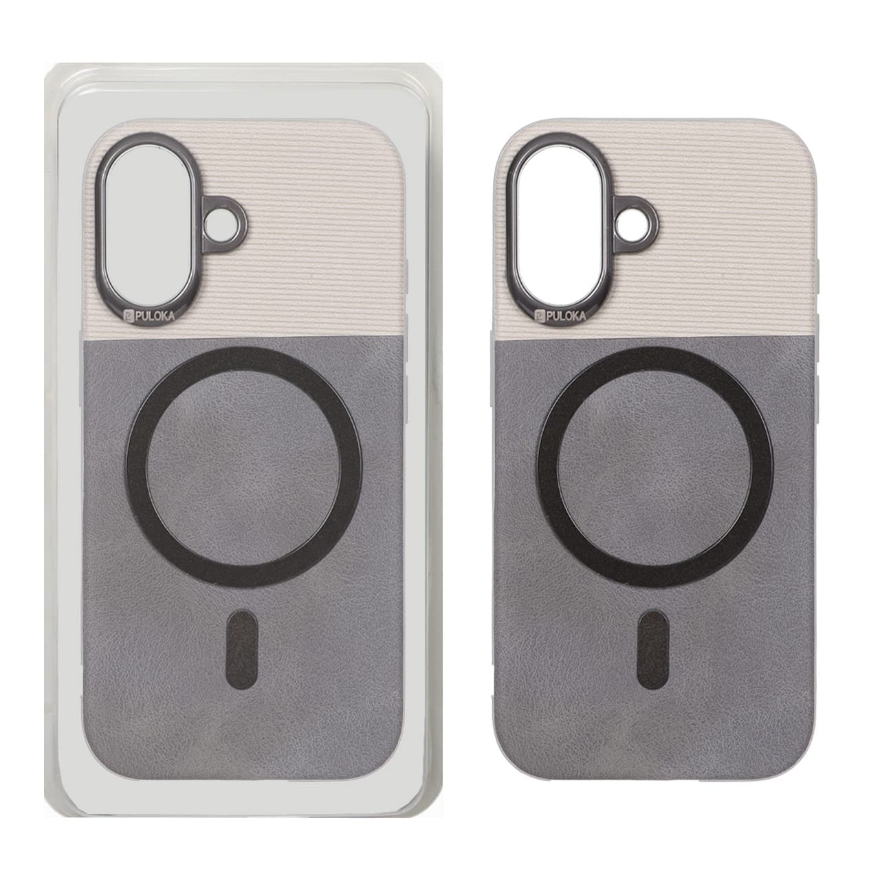 قاب Puloka دو تکه چرمی کبریتی Magnet فلزی دور لنز براق Apple iPhone 17 – خاکستری (پک دار)