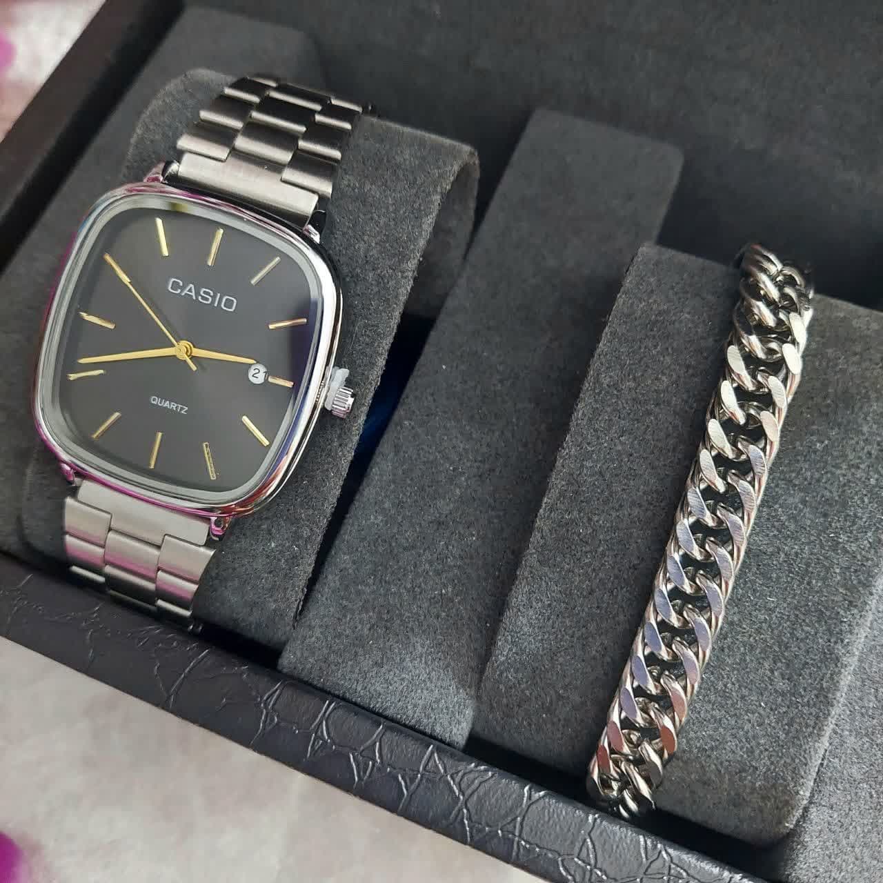 ساعت مردانه کاسیو Casio نقره ای همراه دستبند و حلقه انگشتر