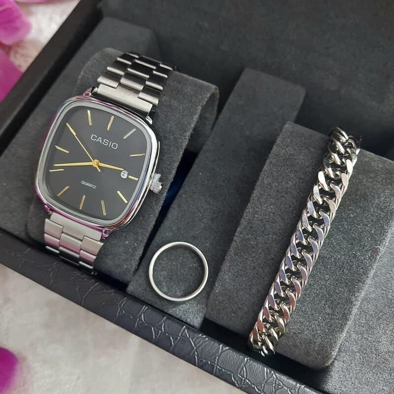 ساعت مردانه کاسیو Casio نقره ای همراه دستبند و حلقه انگشتر — تصویر ۶