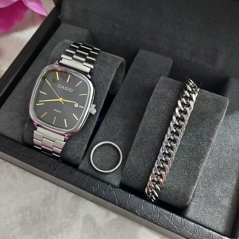 ساعت مردانه کاسیو Casio نقره ای همراه دستبند و حلقه انگشتر — تصویر ۵