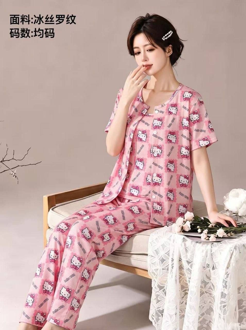 ست سه تیکه راحتی بلوز و تاپ و شلوار پنبه کبریتی دخترانه و زنانه کد 2692