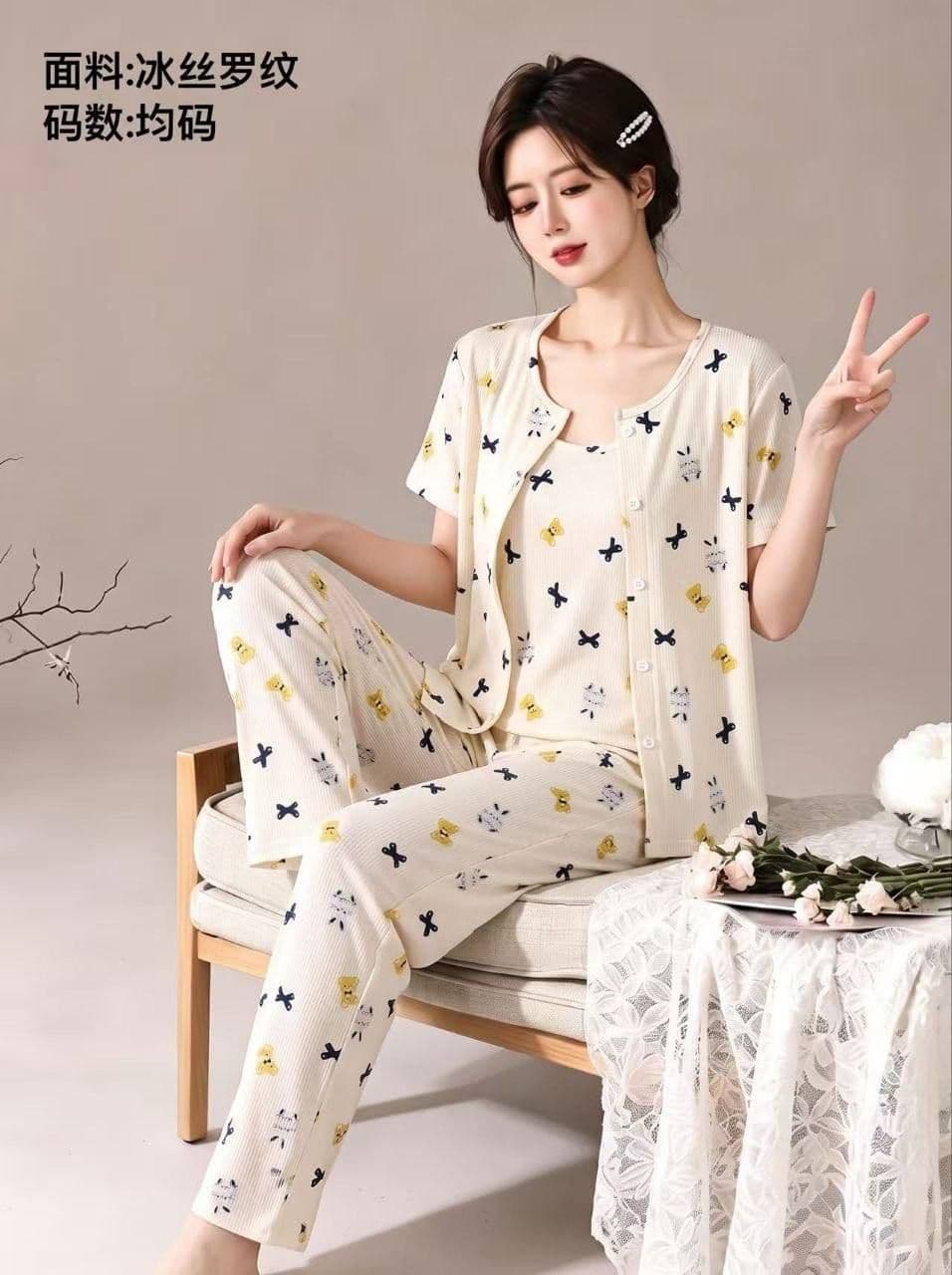 ست سه تیکه راحتی بلوز و تاپ و شلوار پنبه کبریتی دخترانه و زنانه کد 2690