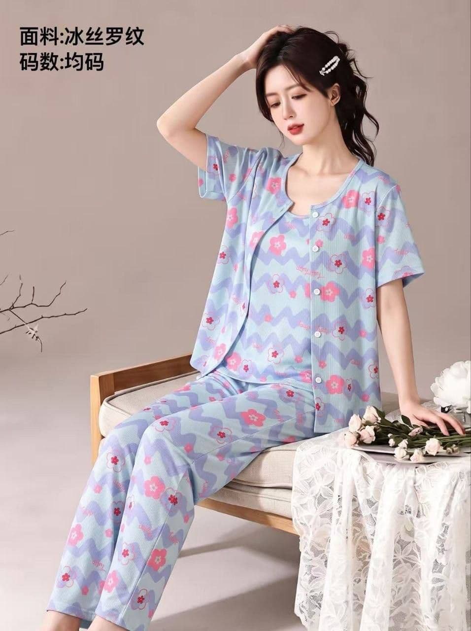 ست سه تیکه راحتی بلوز و تاپ و شلوار پنبه کبریتی دخترانه و زنانه کد2688