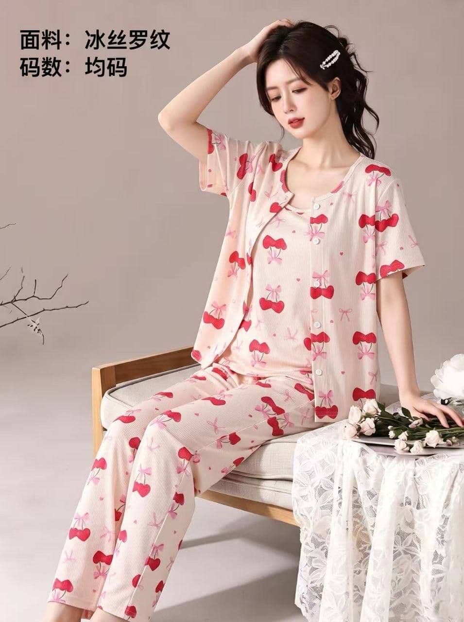 ست سه تیکه راحتی بلوز و تاپ و شلوار پنبه کبریتی دخترانه و زنانه کد 2687