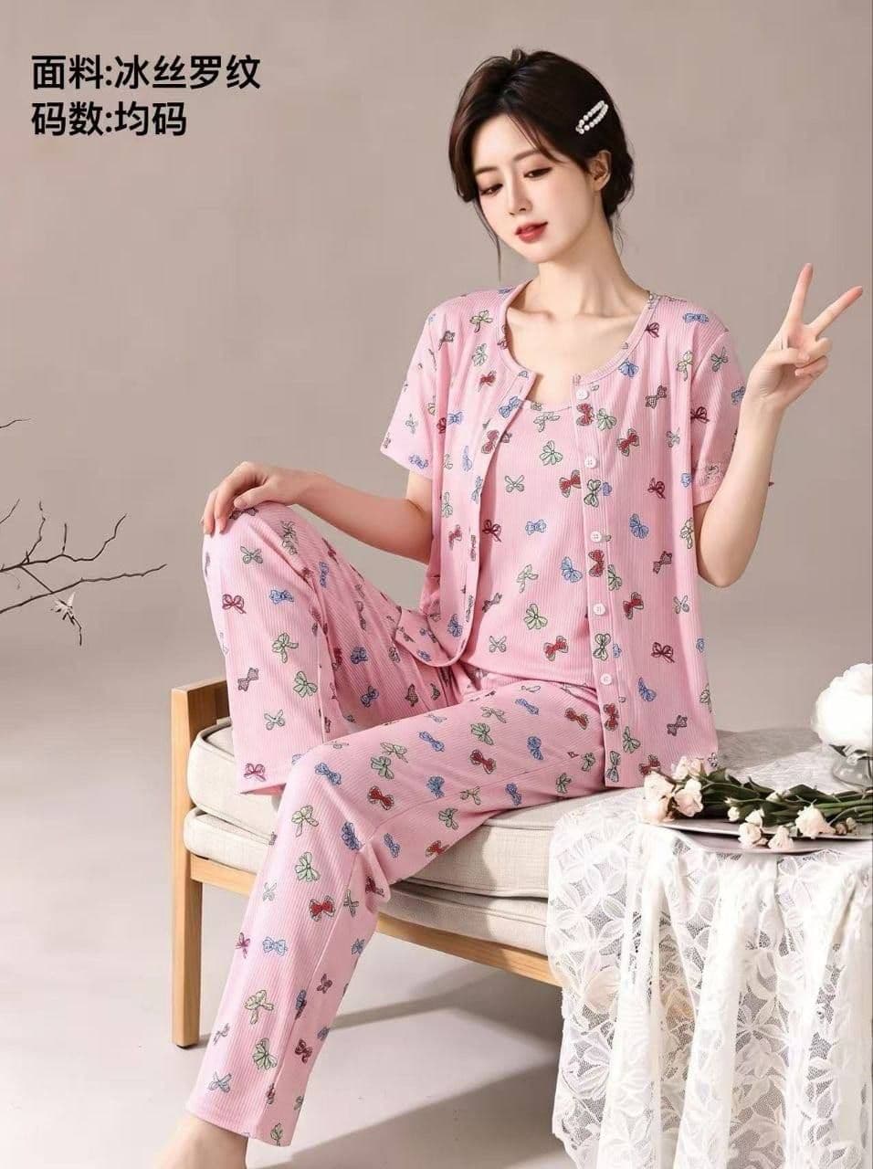 ست سه تیکه راحتی بلوز و تاپ و شلوار پنبه کبریتی دخترانه و زنانه کد2686