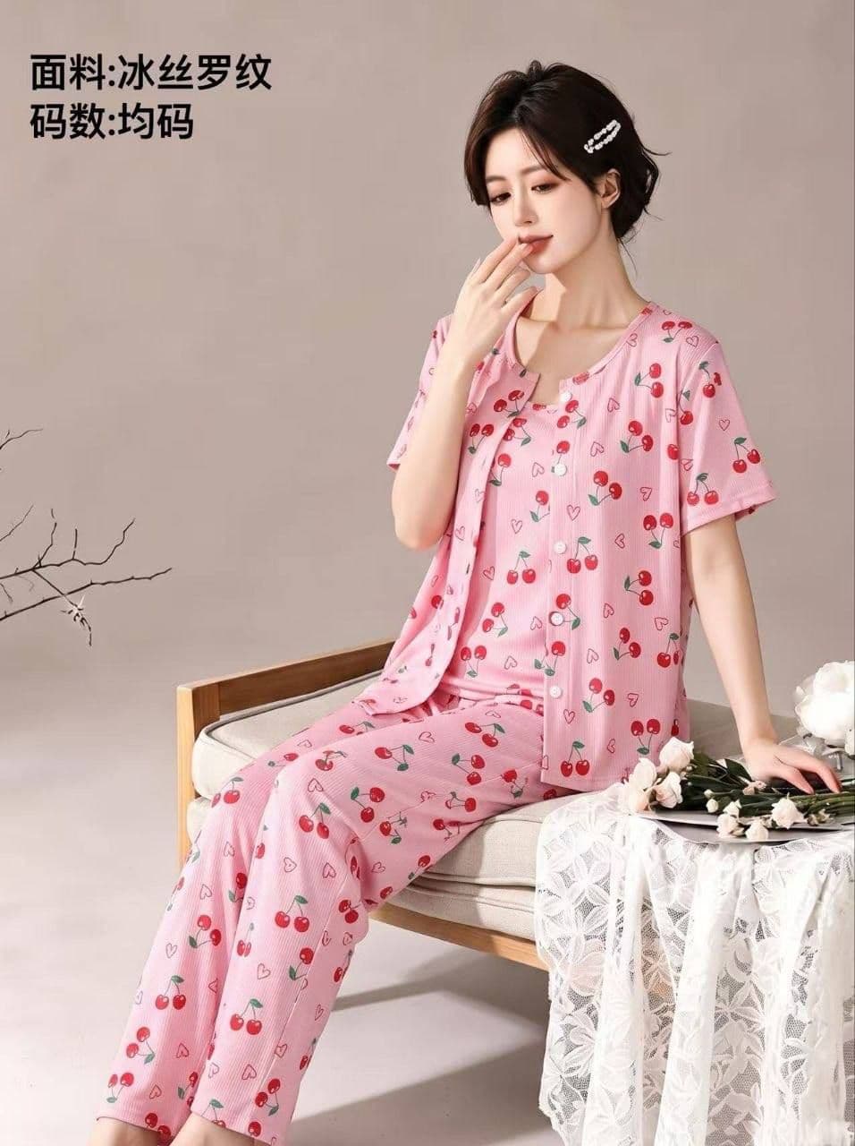 ست سه تیکه راحتی بلوز و تاپ و شلوار پنبه کبریتی دخترانه و زنانه کد 2684