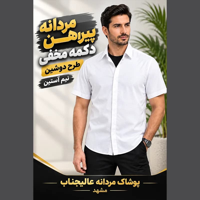پیراهن مردانه دکمه مخفی طرح دوشین نیم آستین رنگ سفید — تصویر ۶
