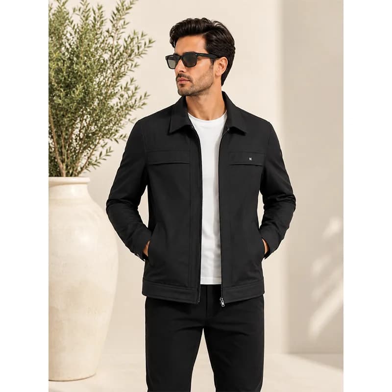 کاپشن ساتنا 4 جیب مشکی مردانه یقه کتی – در 4 سایز L، XL، XXL و XXXL — تصویر ۲