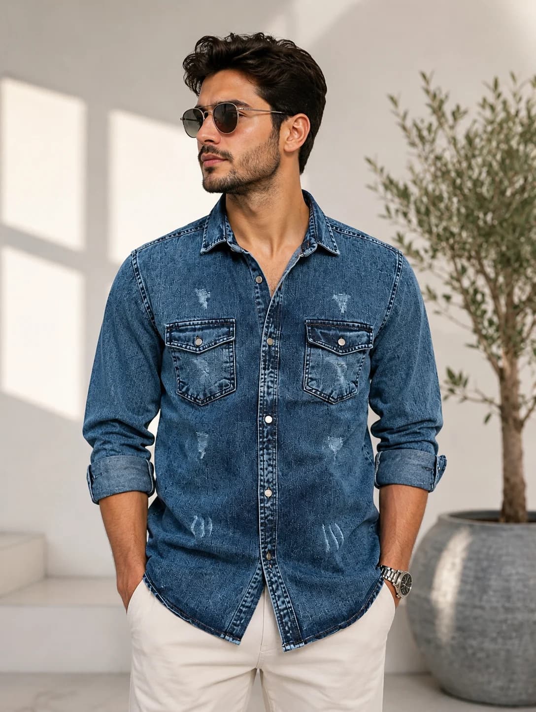 پیراهن لی مردانه دو رنگ آبی روشن و آبی تیره در سایز های L – XL – XXL — تصویر ۵