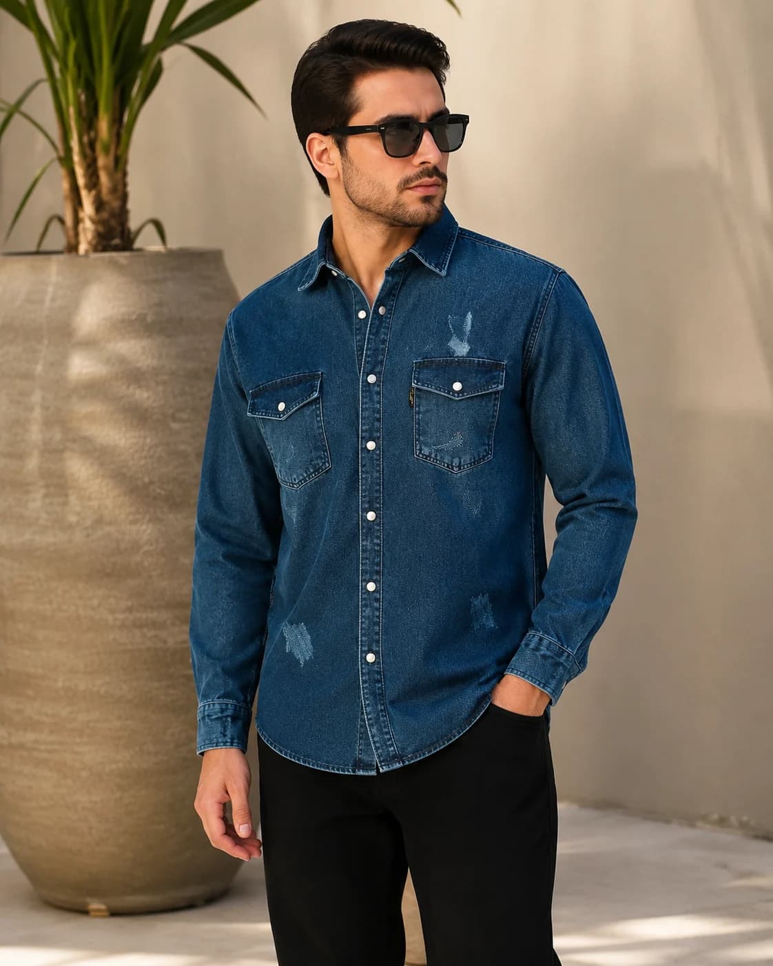 پیراهن لی مردانه دو رنگ آبی روشن و آبی تیره در سایز های L – XL – XXL — تصویر ۲