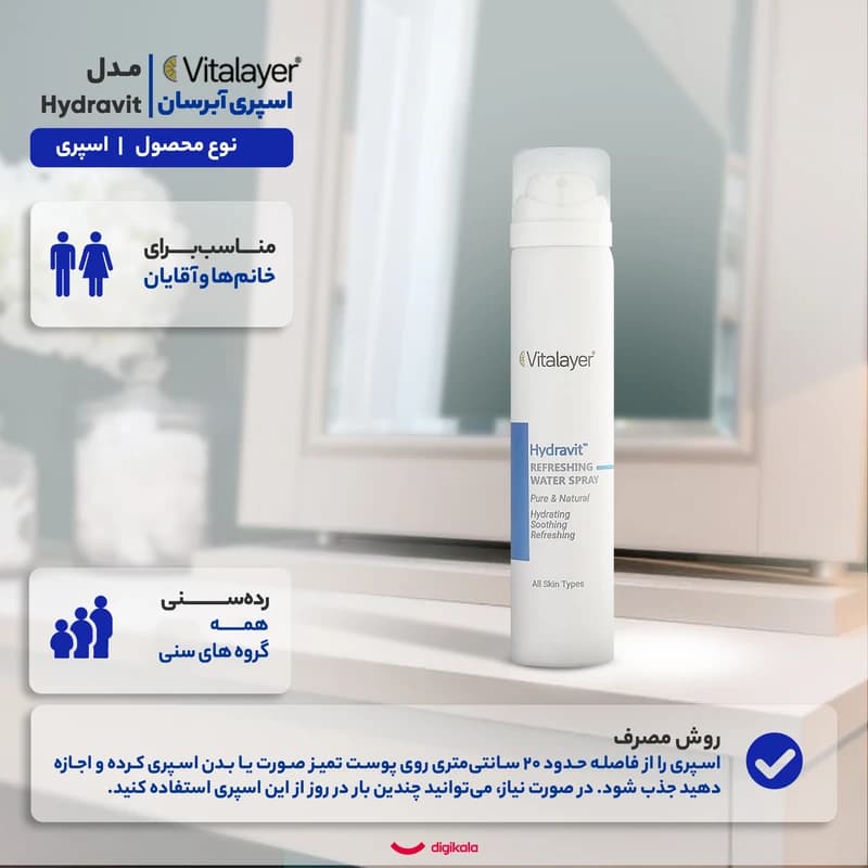 اسپری آبرسان صورت و بدن ویتالیر Hydravit حجم 75 میلی‌لیتر — تصویر ۳