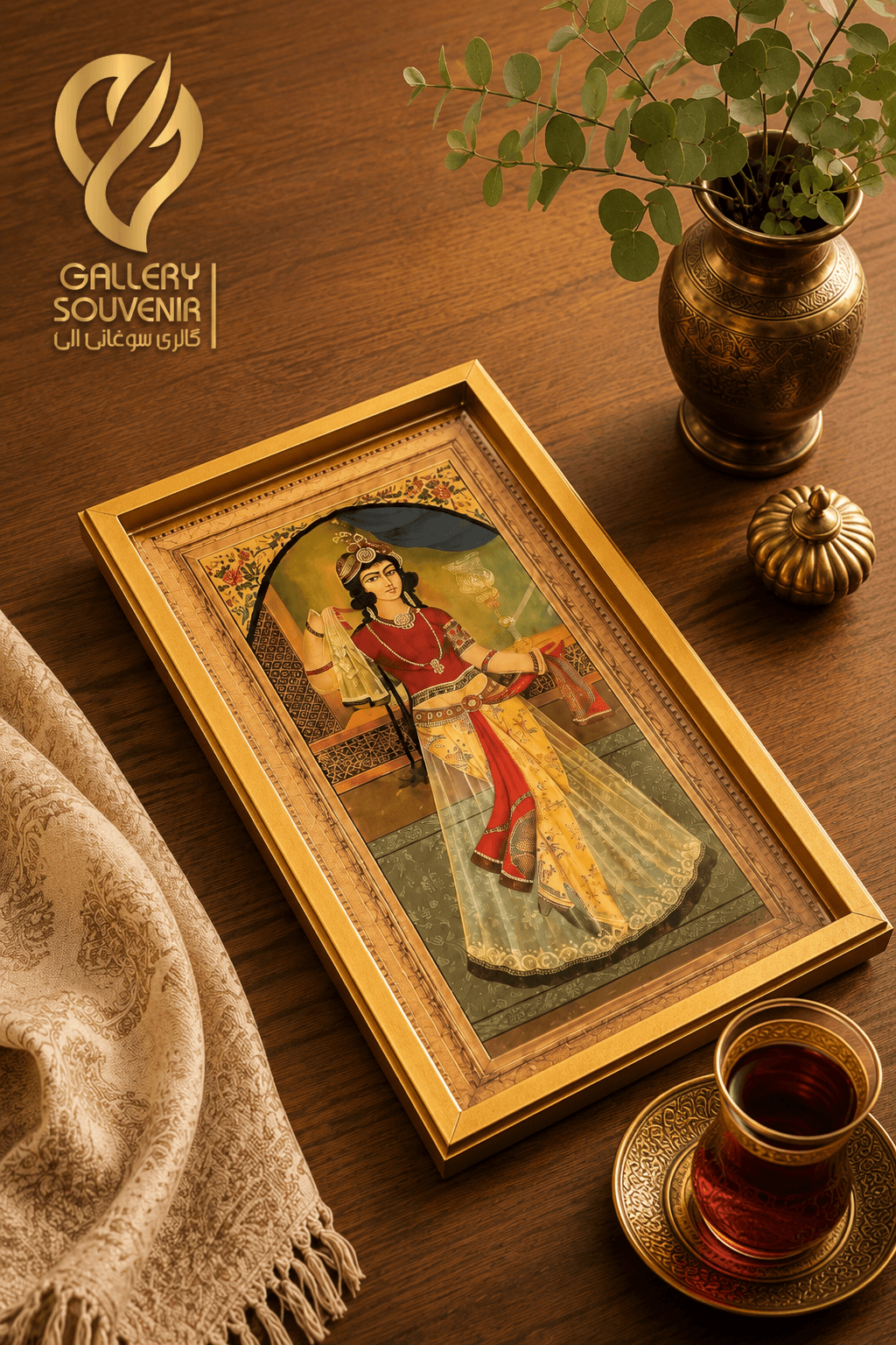 سینی مزه یا دیوارکوب چوبی دختر قجری ۲۰*۴۰ سانت — تصویر ۲