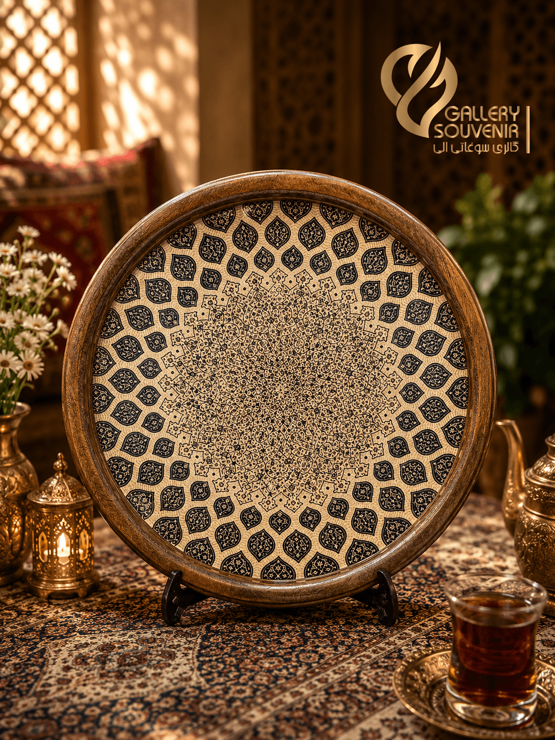 سینی چوبی گرد شمسه اسلیمی ۳۵ سانت