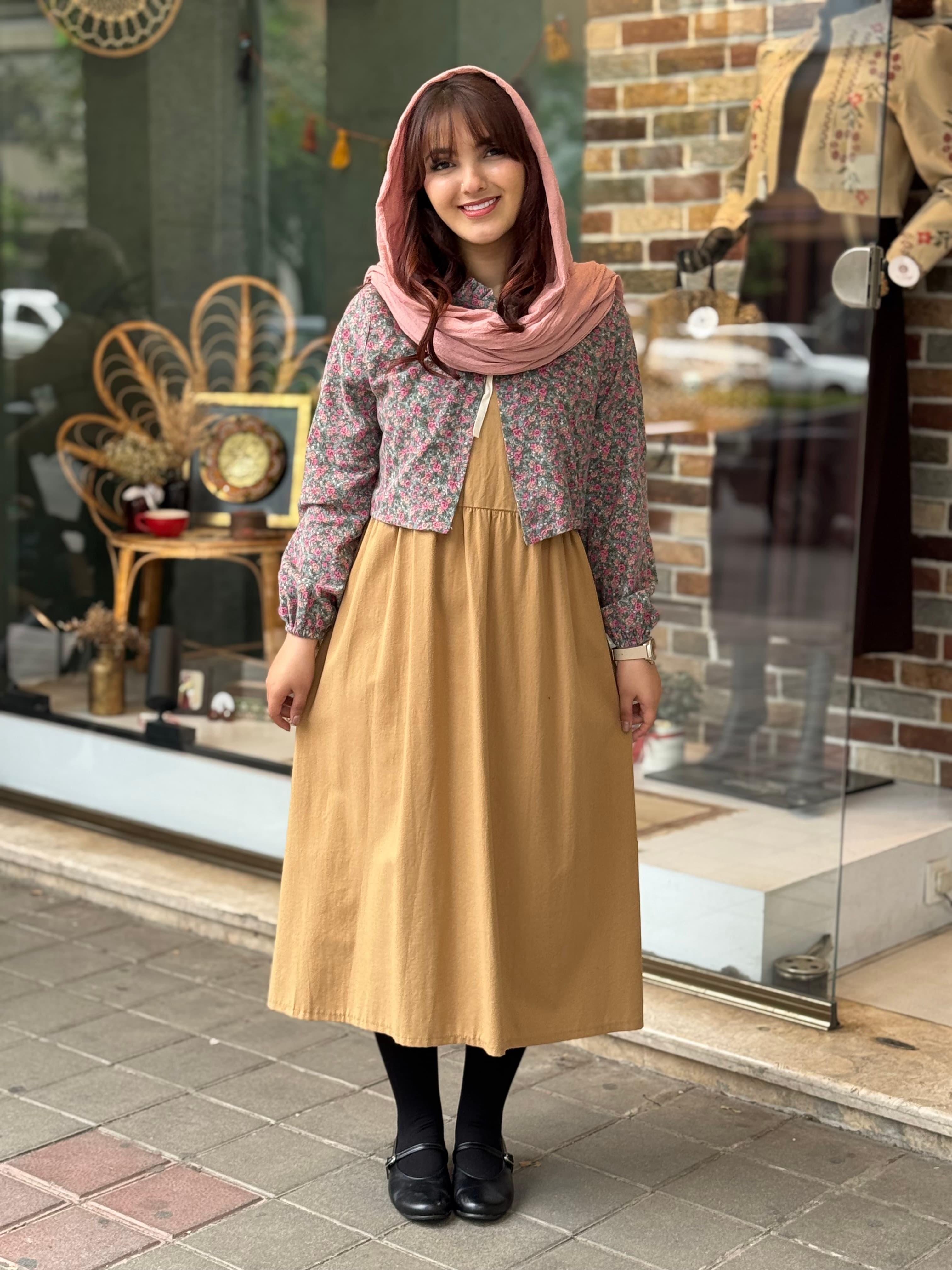 ست دو تیکه گندم نسکافه ای گل ریز صورتی