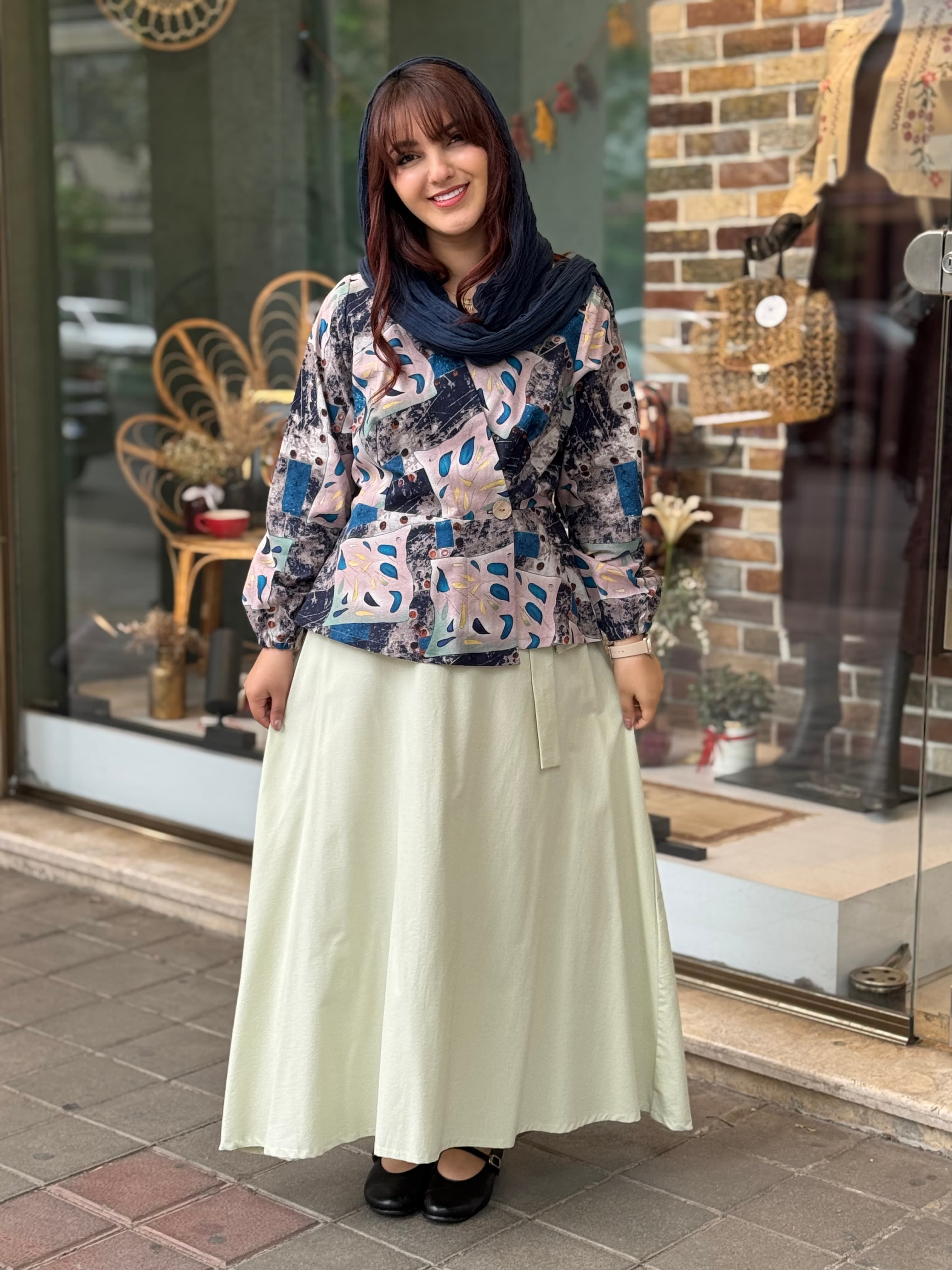 شومیز دامن صدف کاهویی و طرحدار طوسی