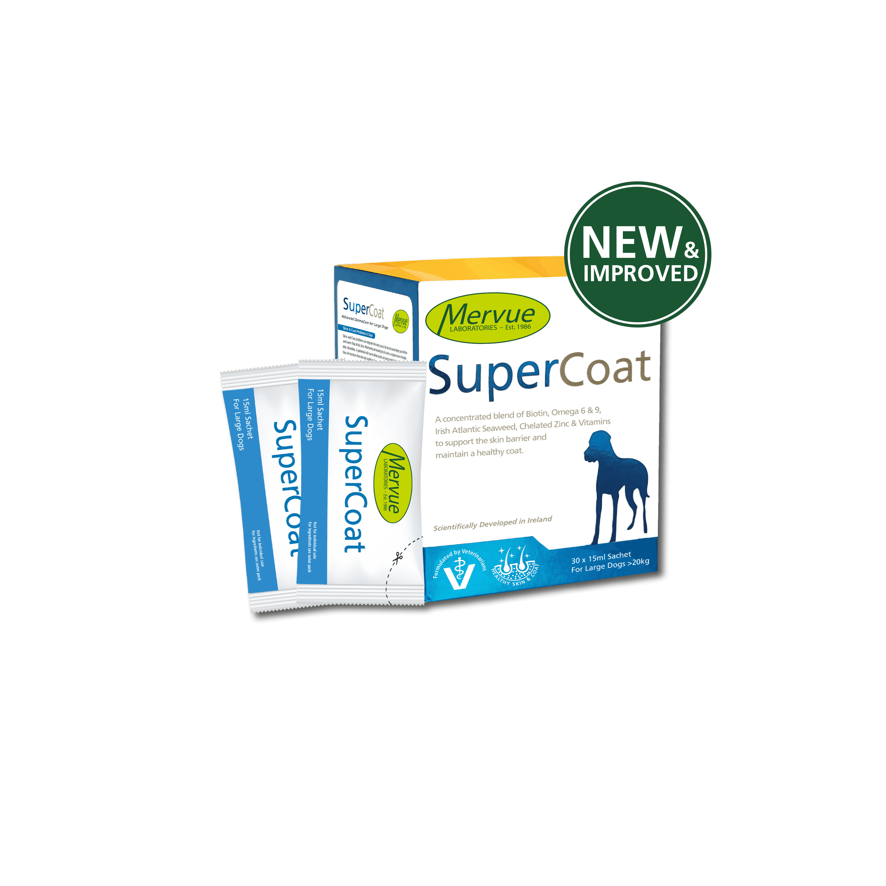 مکمل درمانی و تقویتی پوست و مو سگ SuperCoat برند Mervue | نژاد بزرگ | ساشه 15 ML — تصویر ۲