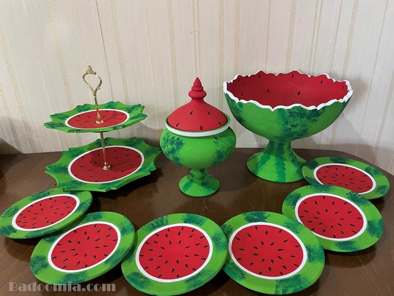 ظروف سفالی کامل طرح هندوانه ای شب یلدا کد 05