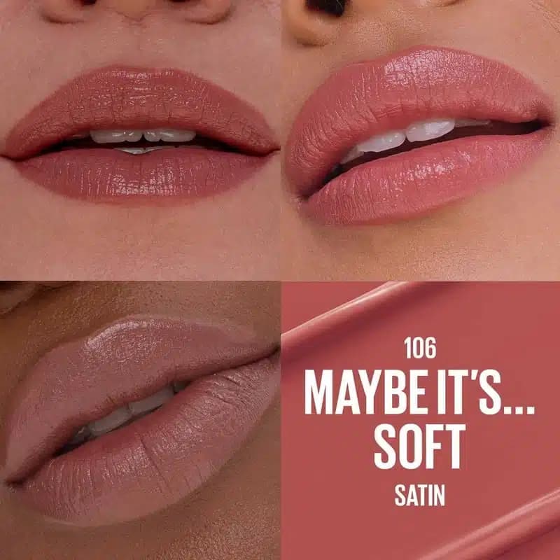 رژلب جامد ساتنی میبلین Maybelline مدل Moisturizing Serum Lipstick کد 106 رنگ Maybe It’s Soft — تصویر ۳