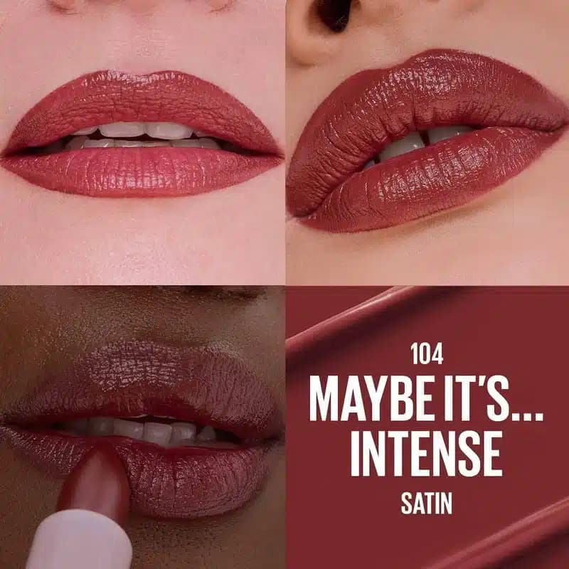 رژلب جامد ساتنی میبلین Maybelline مدل Moisturizing Serum Lipstick کد 104 رنگ Maybe It’s Intense — تصویر ۳