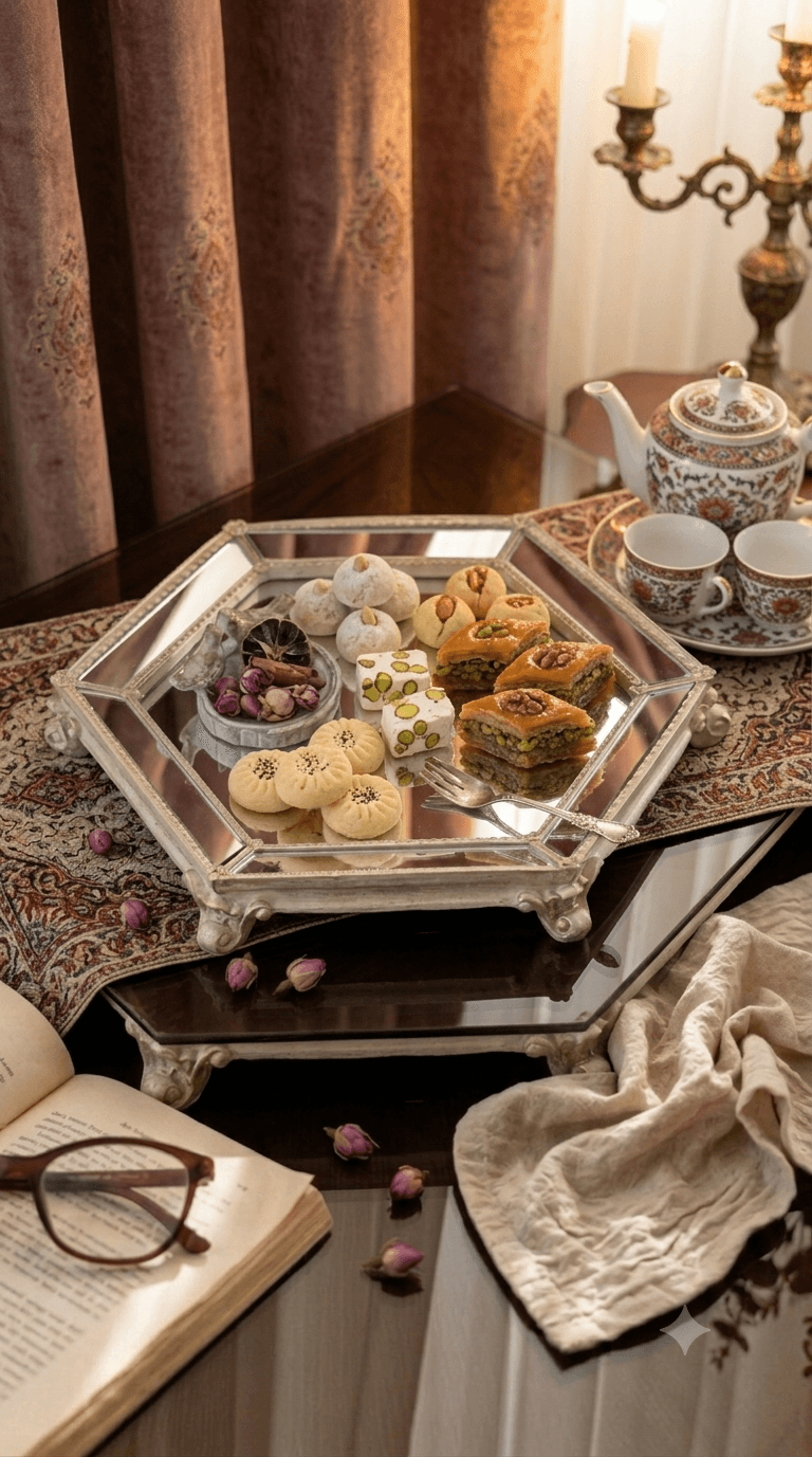 سینی پذیرایی دور آینه‌ی شش ضلعی