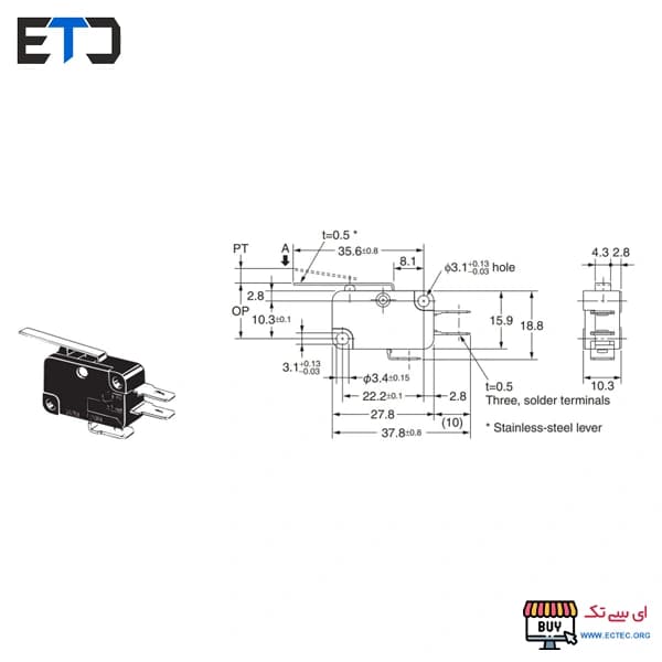 میکرو سوئیچ اهرم دار 15 آمپر دسته متوسط V-152-1C25 — تصویر ۴