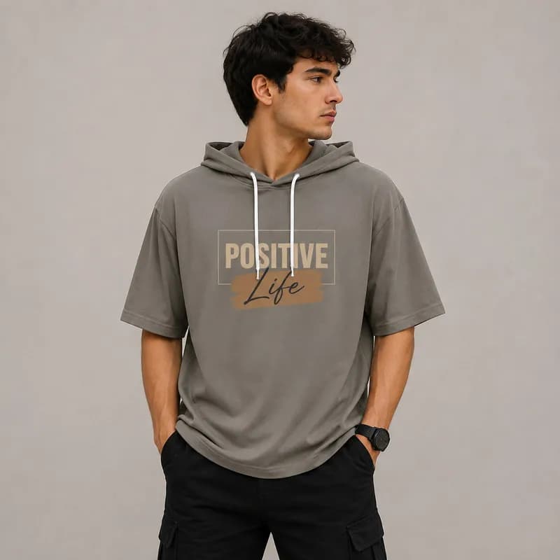 تی شرت مردانه کلاهدار پنبه ای طرح حروف مدل positive — تصویر ۲