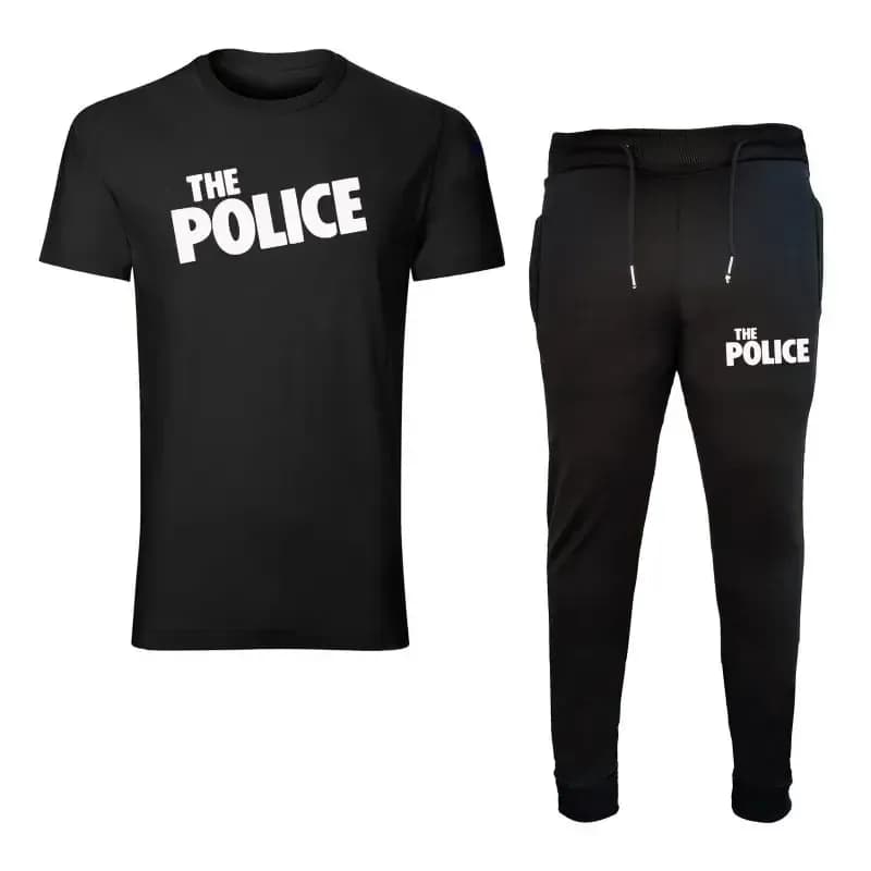 ست تیشرت آستین کوتاه یقه گرد و شلوار مردانه طرح polis مدل e4656 مشکی جنس نخ کمر کش دم پا کش — تصویر ۴