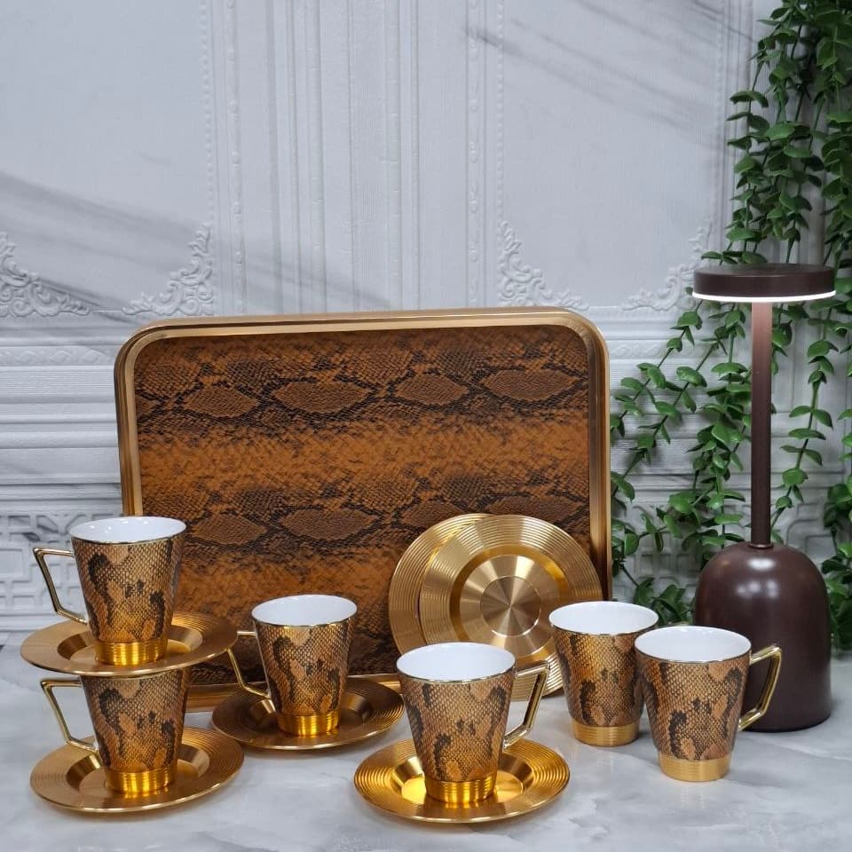 ست قهوه‌خوری ۶ نفره و سینی طرح پوست ماری لاکچری |کد قهوه‌خوری N232-کدسینی N229