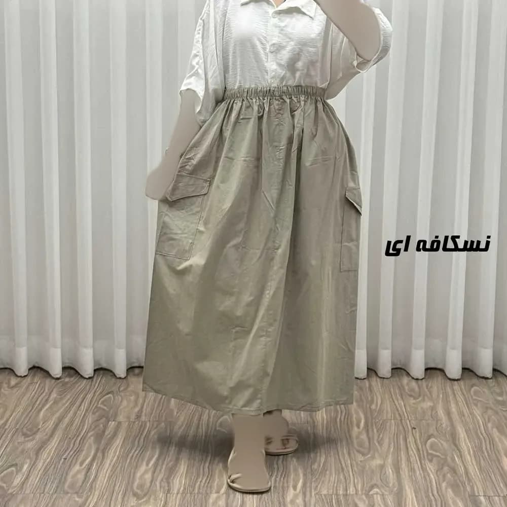 دامن زنانه مدل کارگو جنس لینن فری سایز مناسب تا 44 — تصویر ۴