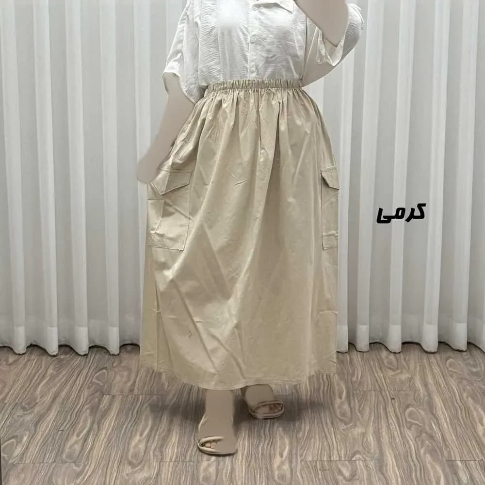 دامن زنانه مدل کارگو جنس لینن فری سایز مناسب تا 44 — تصویر ۳