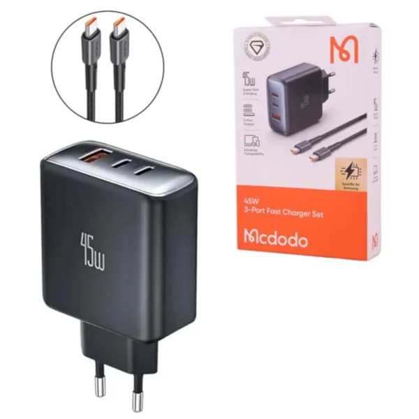 شارژر دیواری 45 وات مک دودو CH-486 QC3.0 PD 3A + کابل تبدیل تایپ سی — تصویر ۲