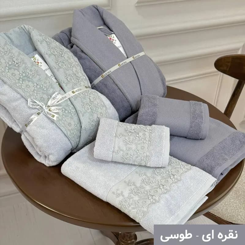 ست حوله جهیزیه لوکس کارینا مدل دانتل هانا – گلدن — تصویر ۳