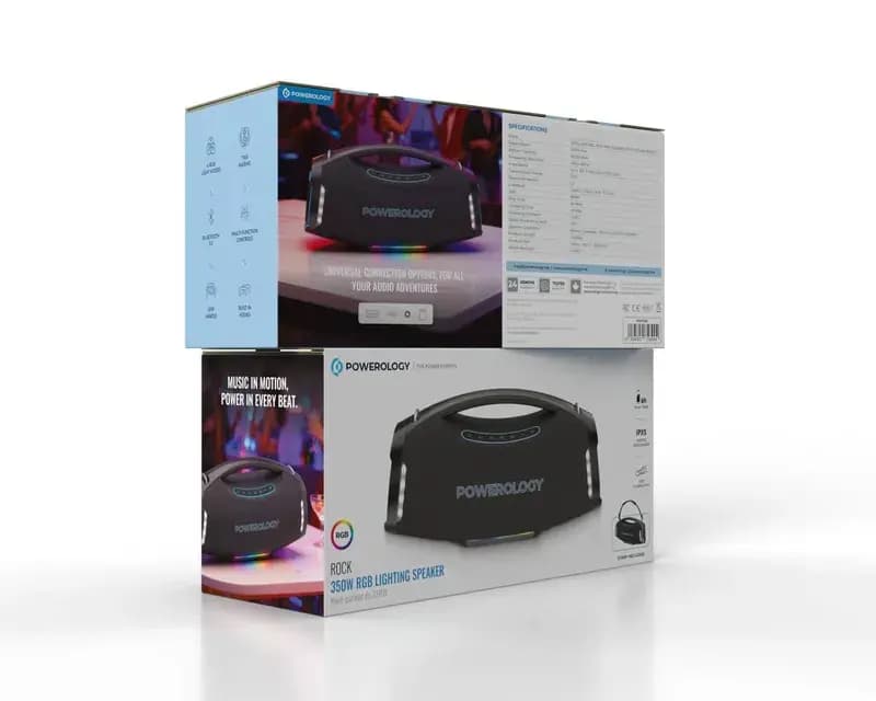اسپیکر بلوتوثی پاورولوژی راک ۳۵۰ وات با نورپردازی RGB Powerology Rock 350W RGB Lighting Speaker — تصویر ۳