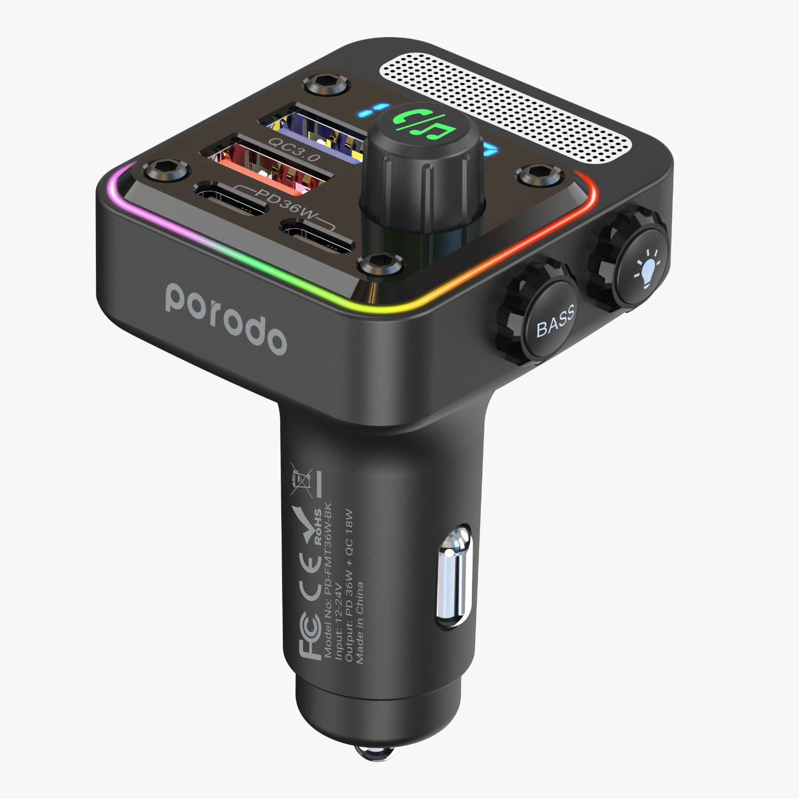 شارژر فندکی و FMپلیر بلوتوث پرودو مدل PORODO QUlCK-CHARGE FM CAR CHARGER- PDFMT36W