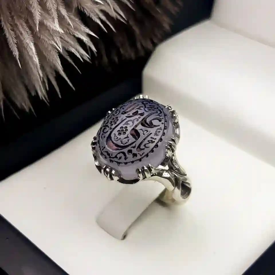 انگشتر مردانه عقیق یمنی کبود خطی کد 2093 — تصویر ۲