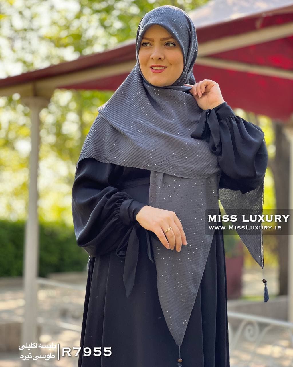 روسری پلیسه اکلیلی نخ وال طوسی تیره R7955