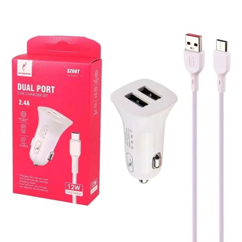 شارژر فندکی فست دو پورت SKY DOLPHIN مدل SZ08T 12W به همراه کابل شارژ Type-C – سفید – ASP (گارانتی شش ماهه آروین)