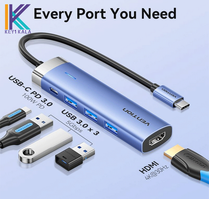 هاب USB-C to HDMI/USB 3.0 x 3/PD Docking Station 0.15M Blue Aluminum Alloy Type — تصویر ۵