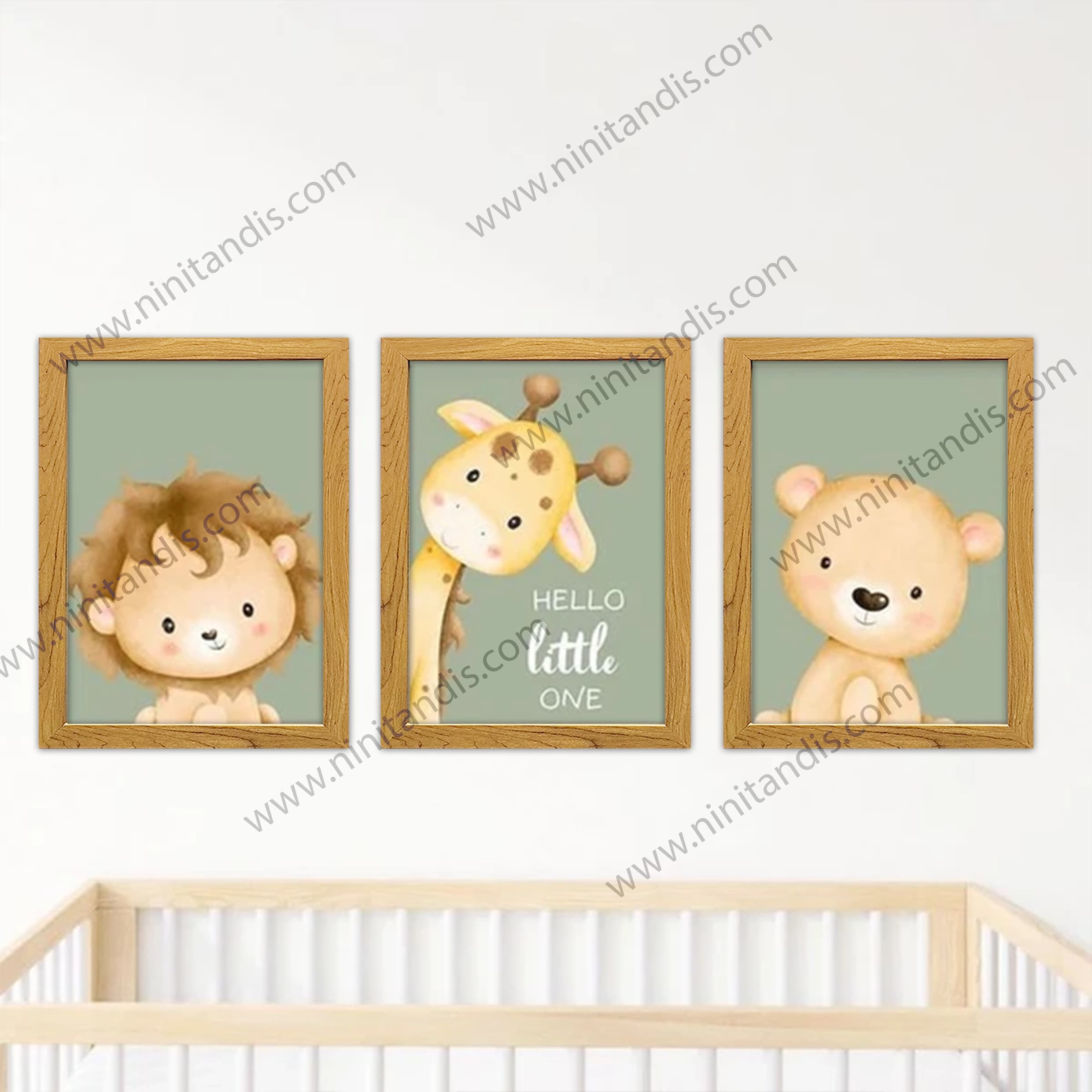 تابلو کودک و نوزاد مدل شیر و زرافه و خرس Hello little one مجموعه 3 عددی
