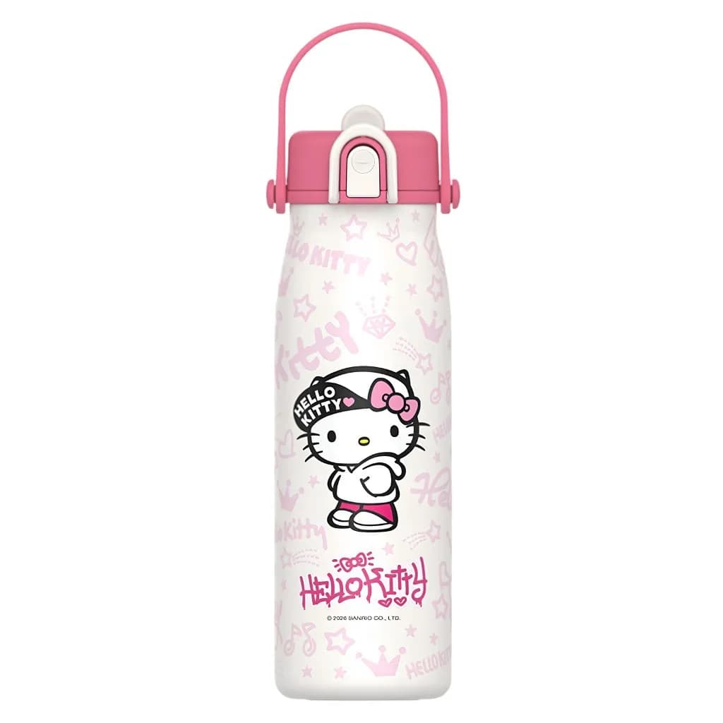 تراول ماگ دوحالته استیل طرح هلو کیتی مدل دسته‌دار 500ml