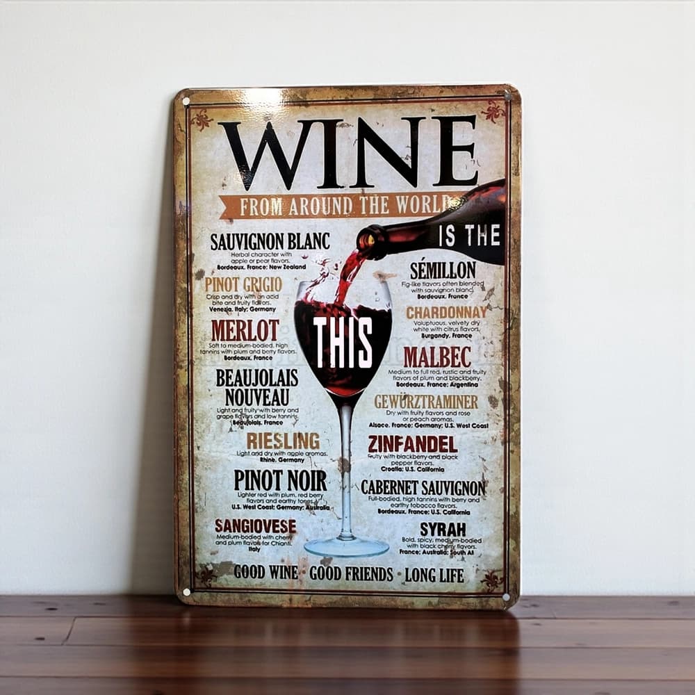 پلاک فلزی دکوری طرح Wines Types ابعاد 20×30