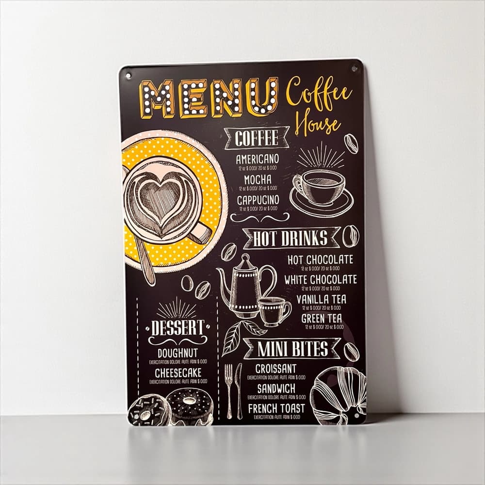 پلاک فلزی دکوری طرح Menu Coffee House ابعاد 20×30