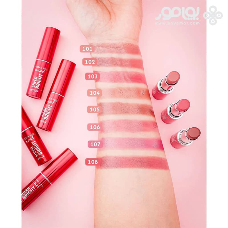 رژ لب جامد گلدن رز SHEER BRIGHT شماره 107 رنگ MOOD MAUVE — تصویر ۴