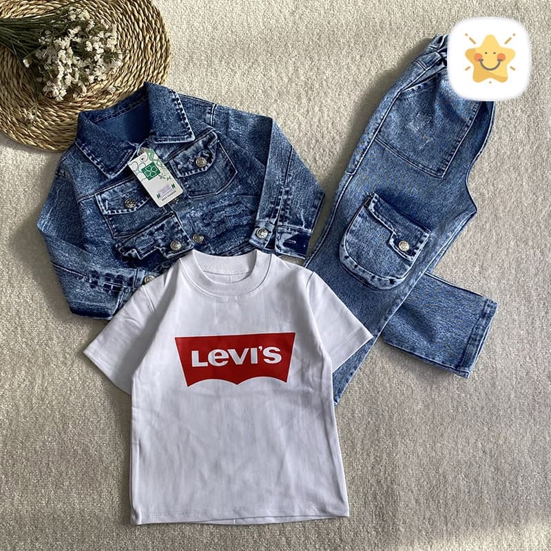 3 تکه کت و شلوار جین پسرانه طرح LEVIS مناسب 2 تا 10 سال