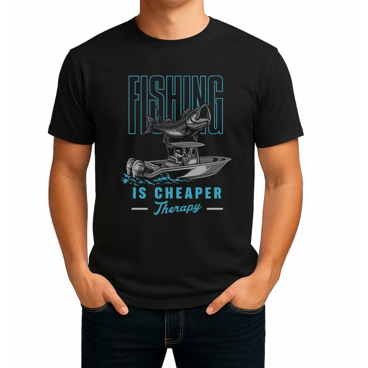 تیشرت نخی مشکی طرح Fishing Is Cheaper