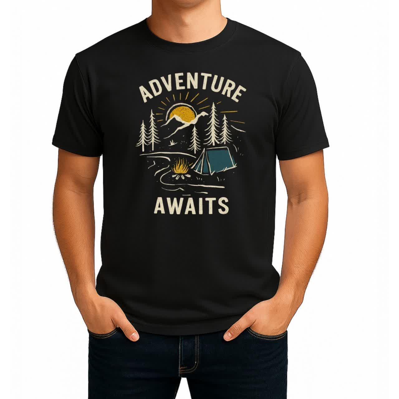 تیشرت نخی مشکی کمپ و طبیعت گردی طرح Adventure Awaits