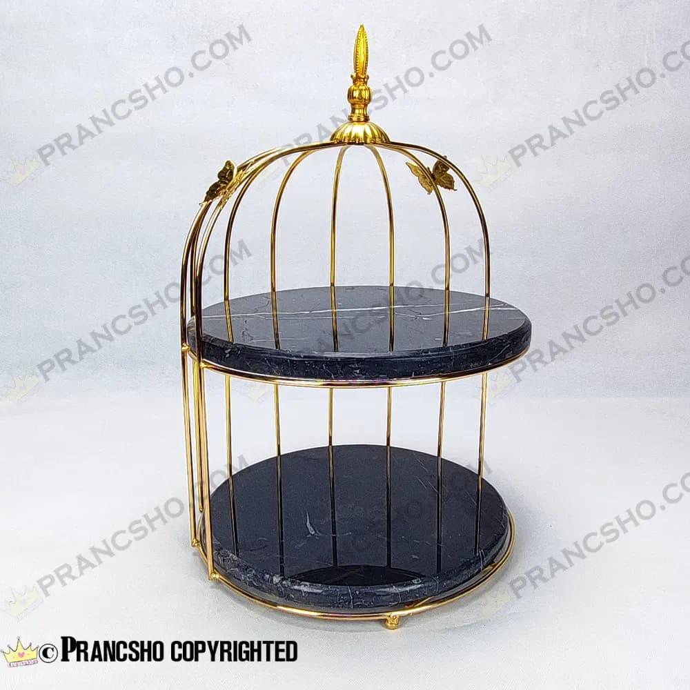 استند سنگی قفس و پروانه دو طبقه سنگ مشکی خط سفید